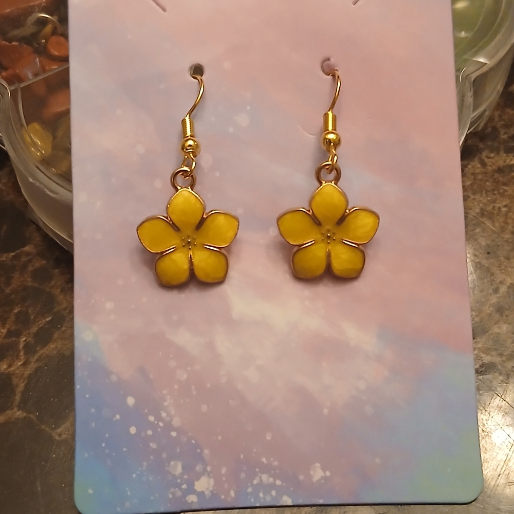 Yellow Floral Drop Earrings - Gold Tone